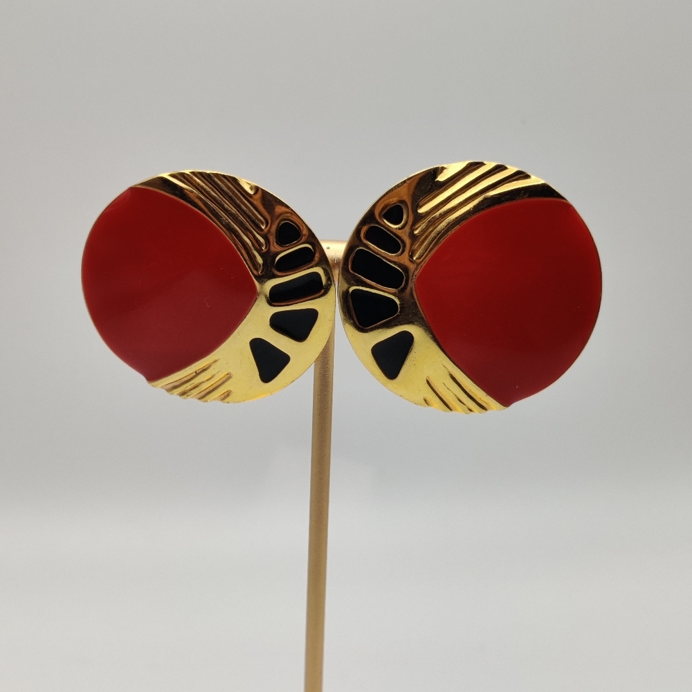 Vintage 80s 90s Red and Gold-tone Round Enamel Clip on Earrings